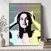 Custom halftone vintage wall art featuring a portrait photo transformed into retro dot-style artwork.