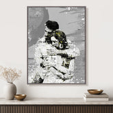 Custom newspaper-style wall art featuring a couple photo with layered newsprint texture and editorial design.