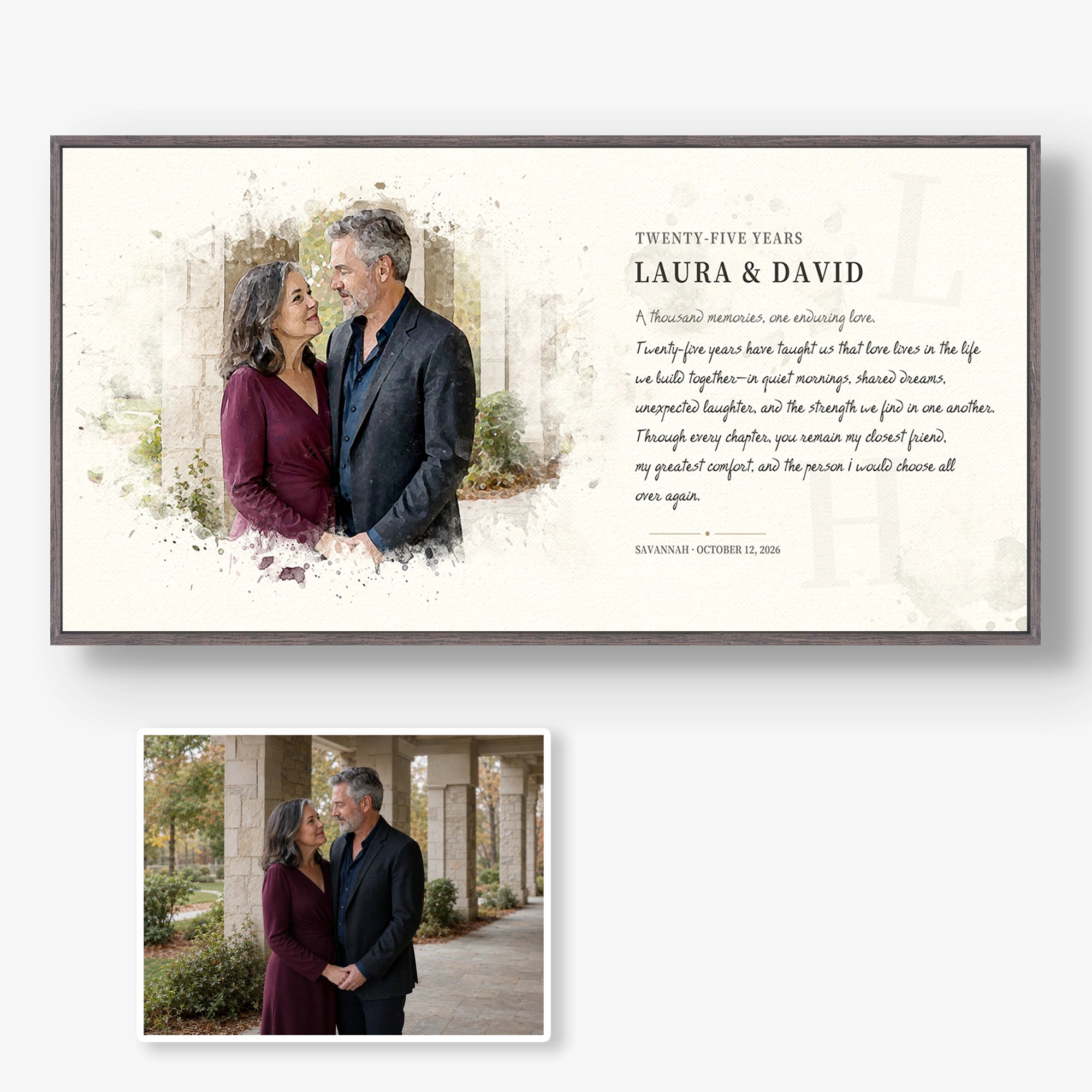 Original couple photo compared with a personalized 25th anniversary watercolor-style portrait and message.