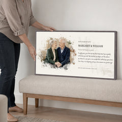 Woman placing a personalized 50th anniversary watercolor-style portrait on an upholstered bench at home.