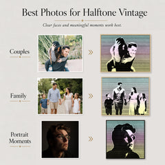Guide showing the best types of photos for custom halftone vintage art, including couples, family, and portrait moments.