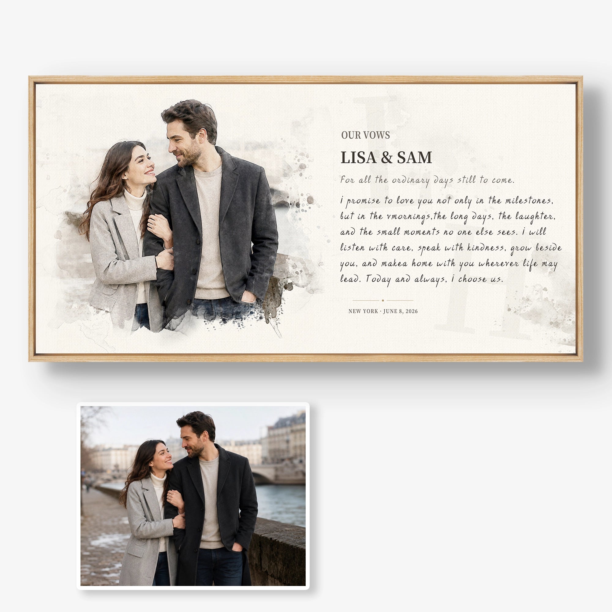Original couple photo compared with a custom watercolor-style vows portrait in a natural walnut frame.