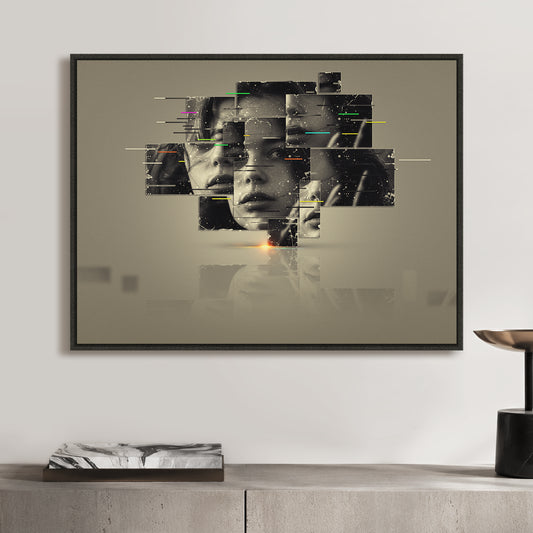 Custom dislocation portrait wall art with layered fragmented panels and a modern abstract photo effect.