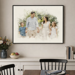 Horizontal custom family watercolor portrait from a photo in a black walnut frame displayed in a dining room.
