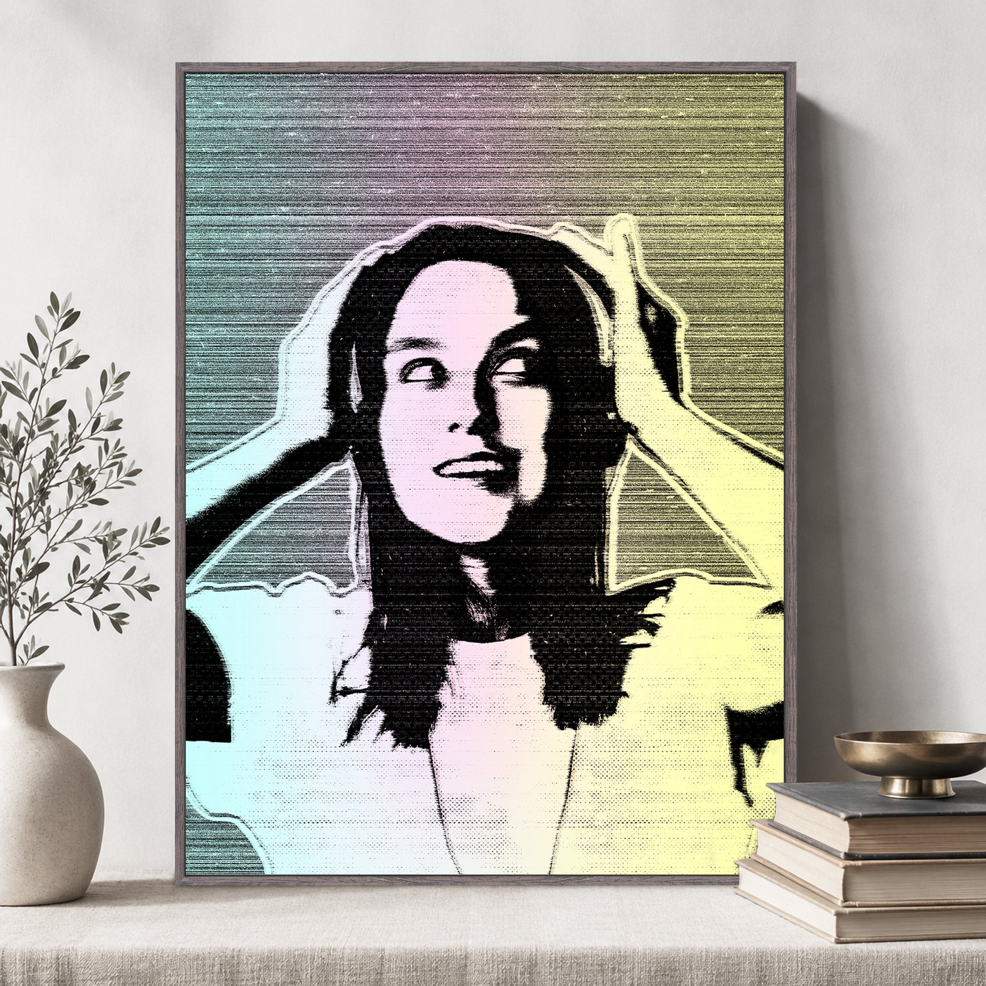 Custom halftone vintage wall art featuring a portrait photo transformed into retro dot-style artwork.