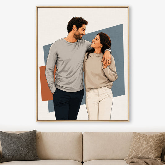 Vertical custom modern graphic couple portrait on framed canvas displayed above a neutral sofa