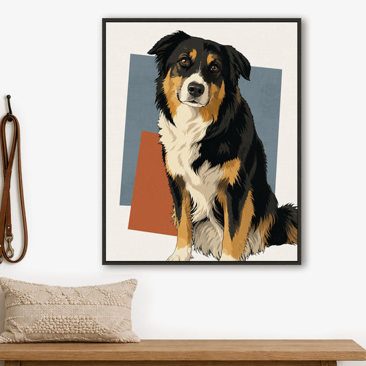 Custom modern graphic pet portrait of a black, tan and white dog displayed on framed canvas in an entryway