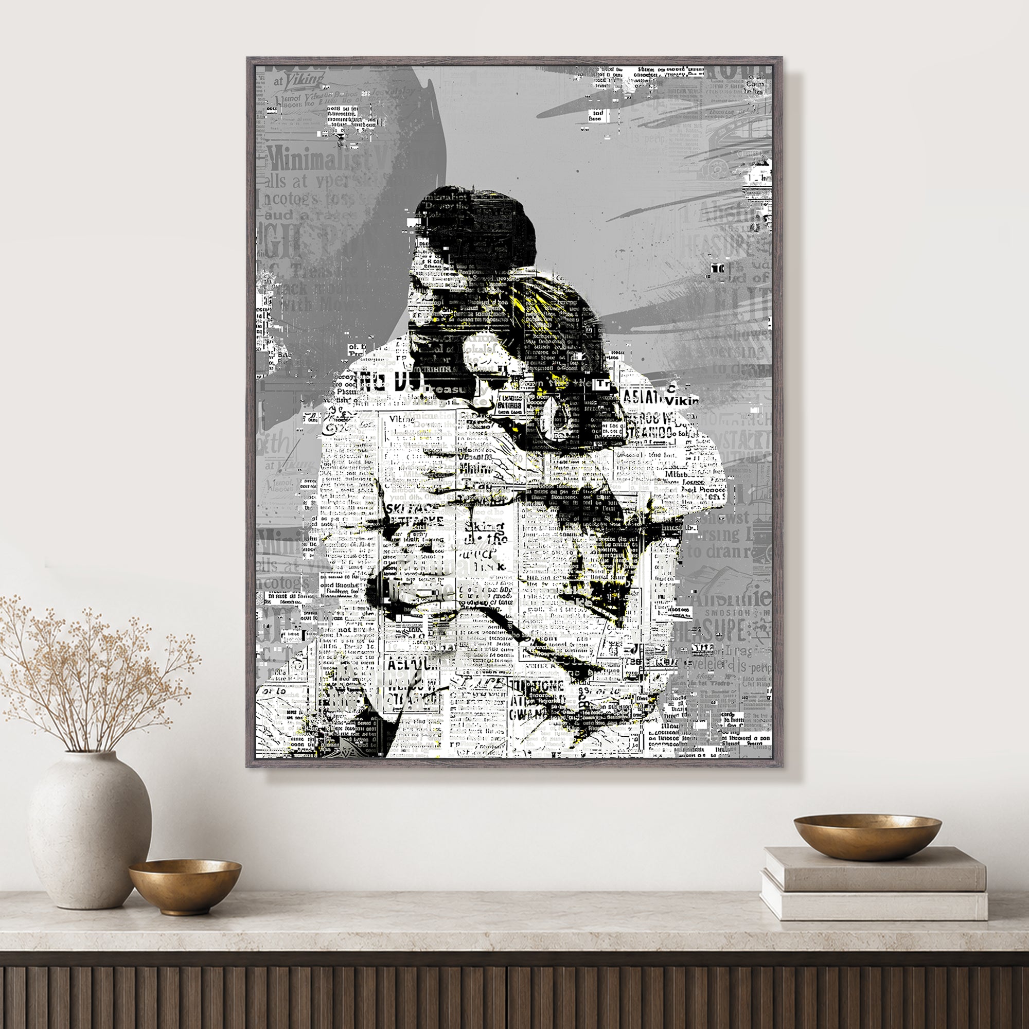 Custom newspaper-style wall art featuring a couple photo with layered newsprint texture and editorial design.
