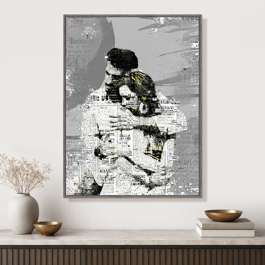 Custom newspaper-style wall art featuring a couple photo with layered newsprint texture and editorial design.