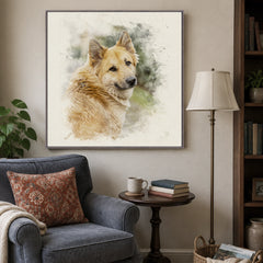 Square custom pet watercolor portrait of a dog in a grey walnut frame displayed in a cozy living room.