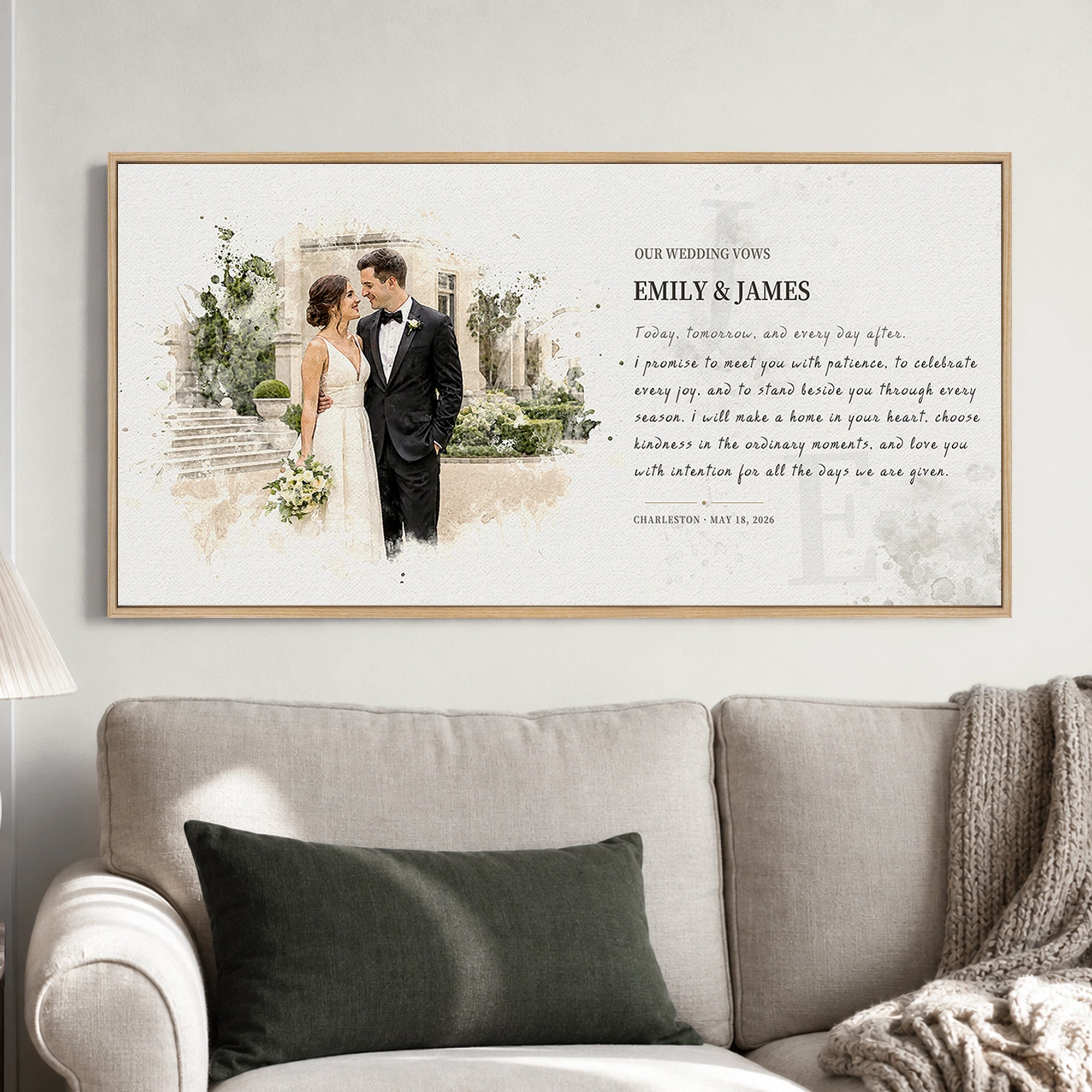 Custom photo and vows canvas in a natural walnut frame displayed above a neutral living room sofa.