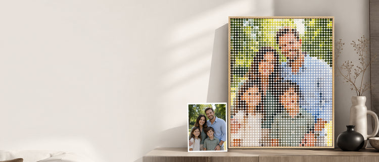 Custom photo wall art displayed in a warm home interior with the original photo beside the framed artwork