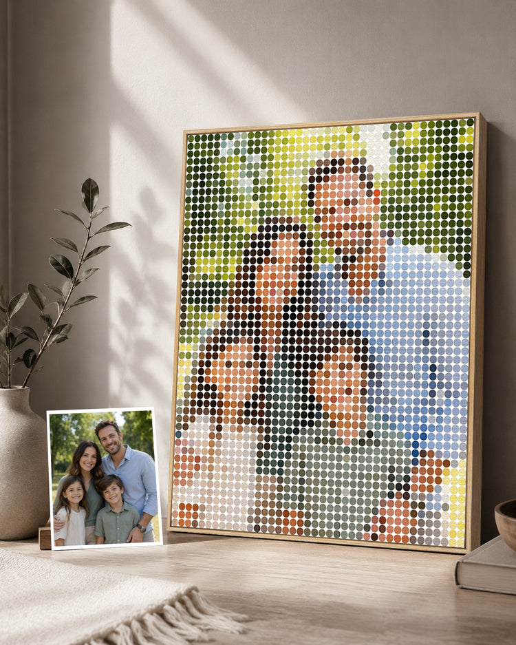 Personalized framed wall art made from a family photo in a warm modern home setting