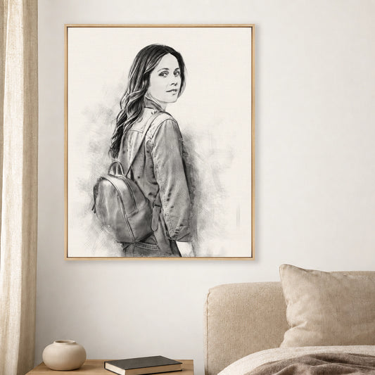 Custom portrait sketch of a woman in a Natural Walnut frame displayed in a warm ivory bedroom.