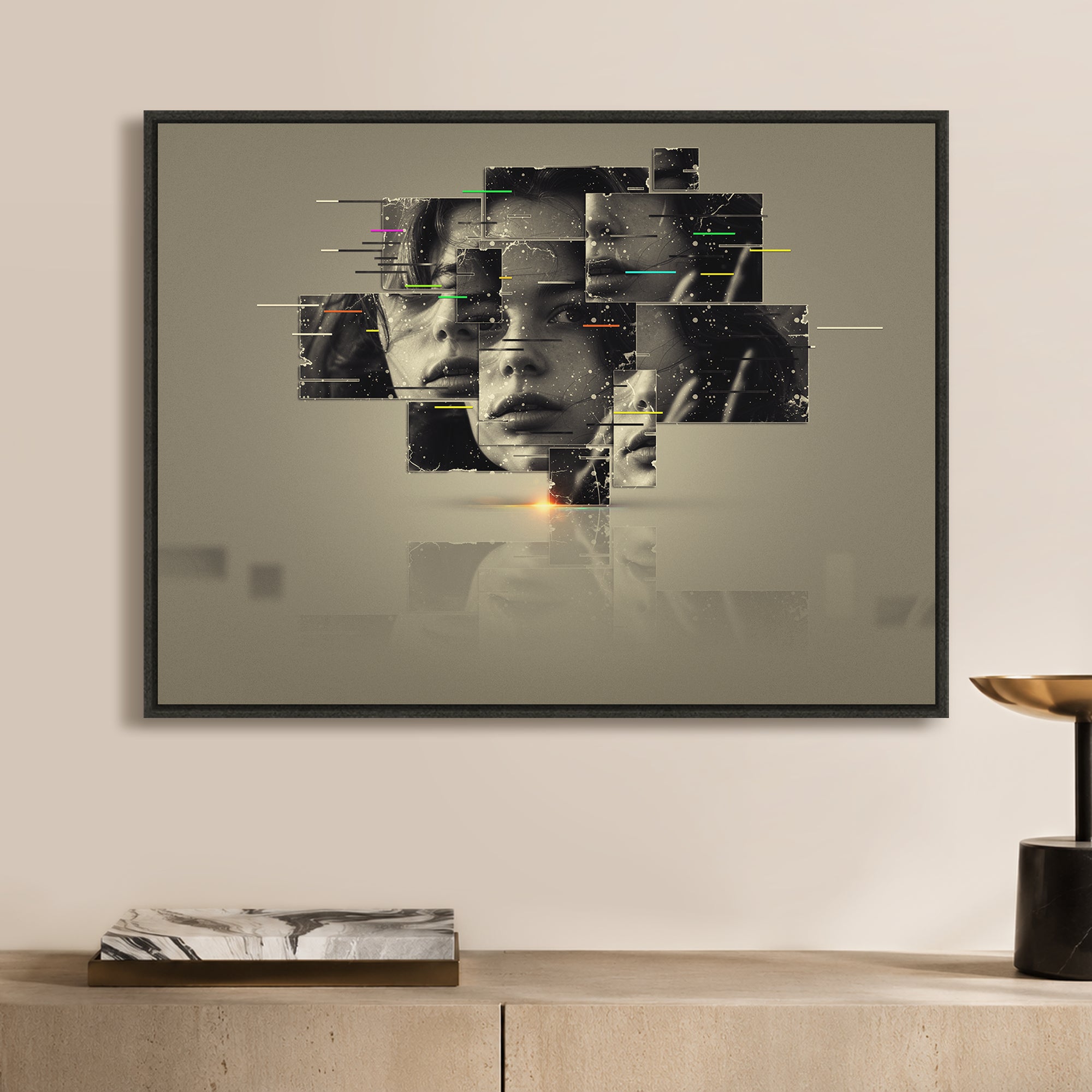 Custom dislocation wall art with layered fragments and a modern abstract photo effect.