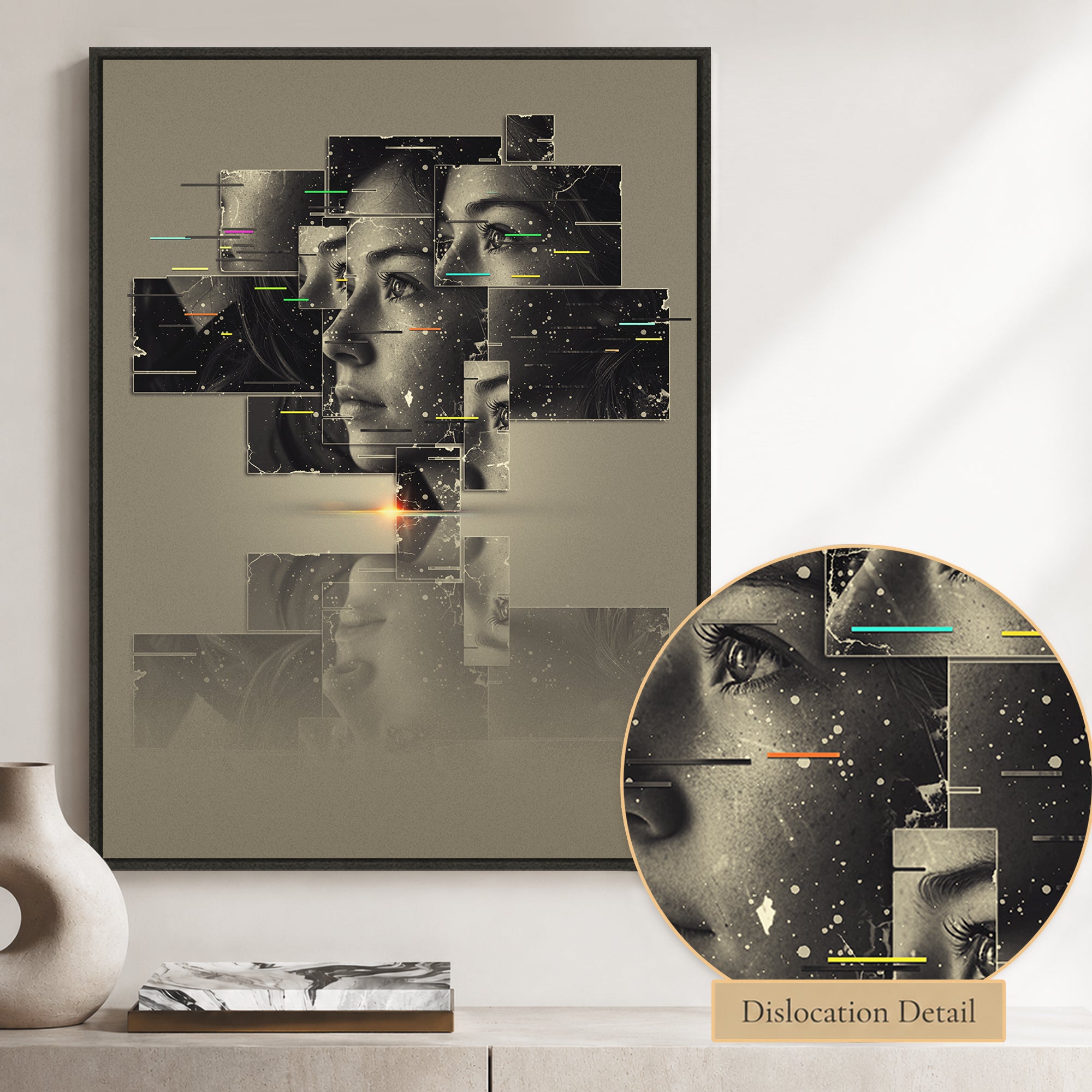 Close-up of Dislocation Art showing fragmented portrait panels, layered textures, and abstract visual details.