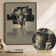 Close-up of dislocation art showing offset layers, fractured shapes, and visual depth.