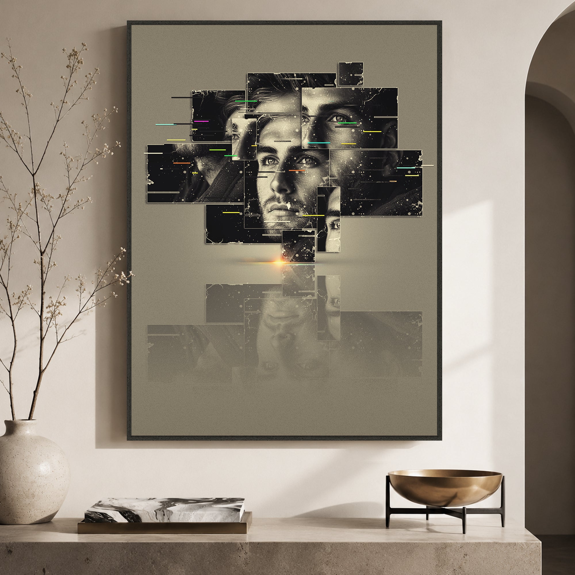 Custom dislocation art wall display featuring a fragmented black and white portrait with layered abstract panels in a modern interior.