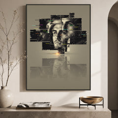 Custom dislocation art wall display featuring a fragmented black and white portrait with layered abstract panels in a modern interior.