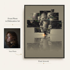 Before and after photo transformation into fragmented modern dislocation artwork.