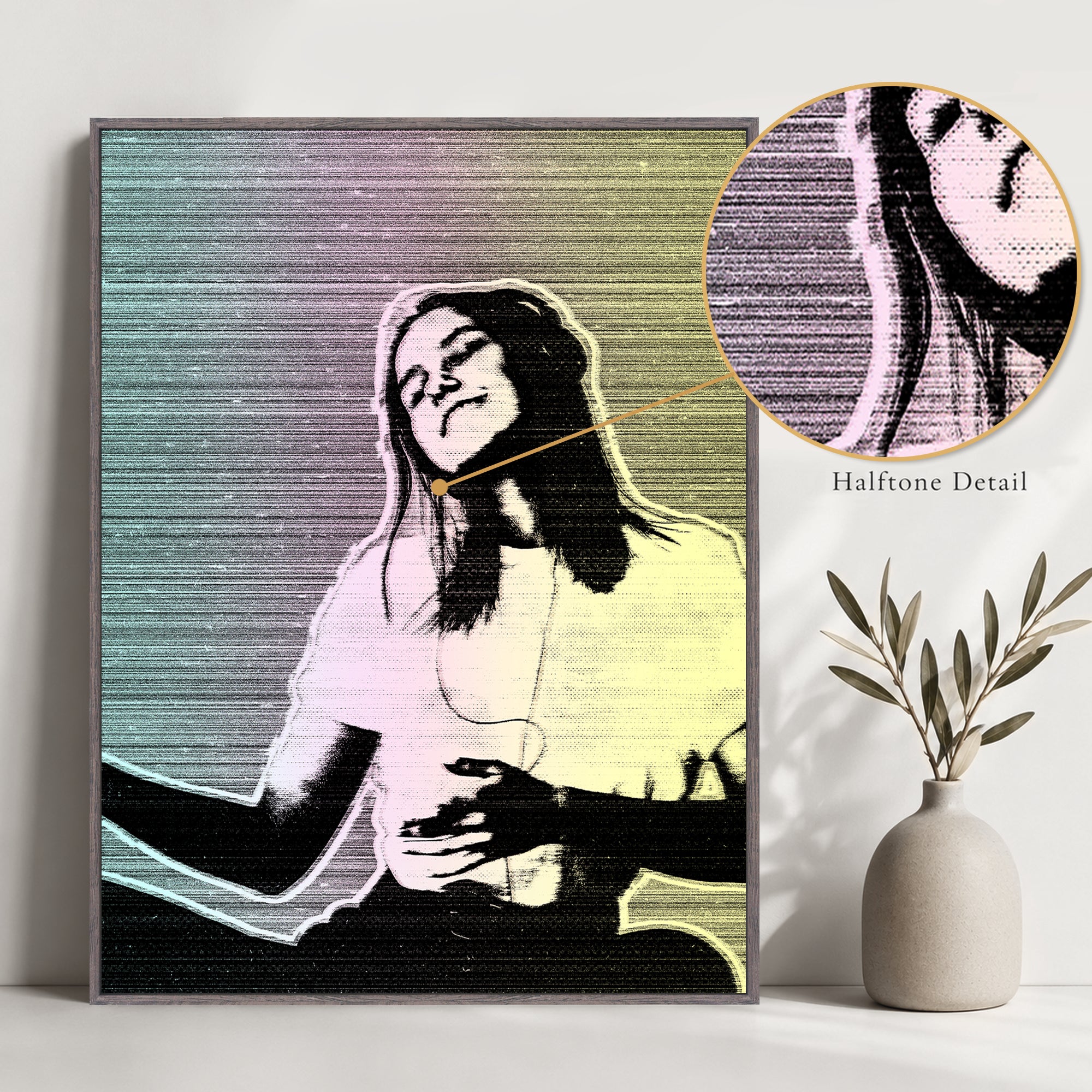 Close-up of Halftone Vintage wall art showing dot texture, retro print lines, and soft color gradient details.