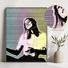 Close-up of Halftone Vintage wall art showing dot texture, retro print lines, and soft color gradient details.