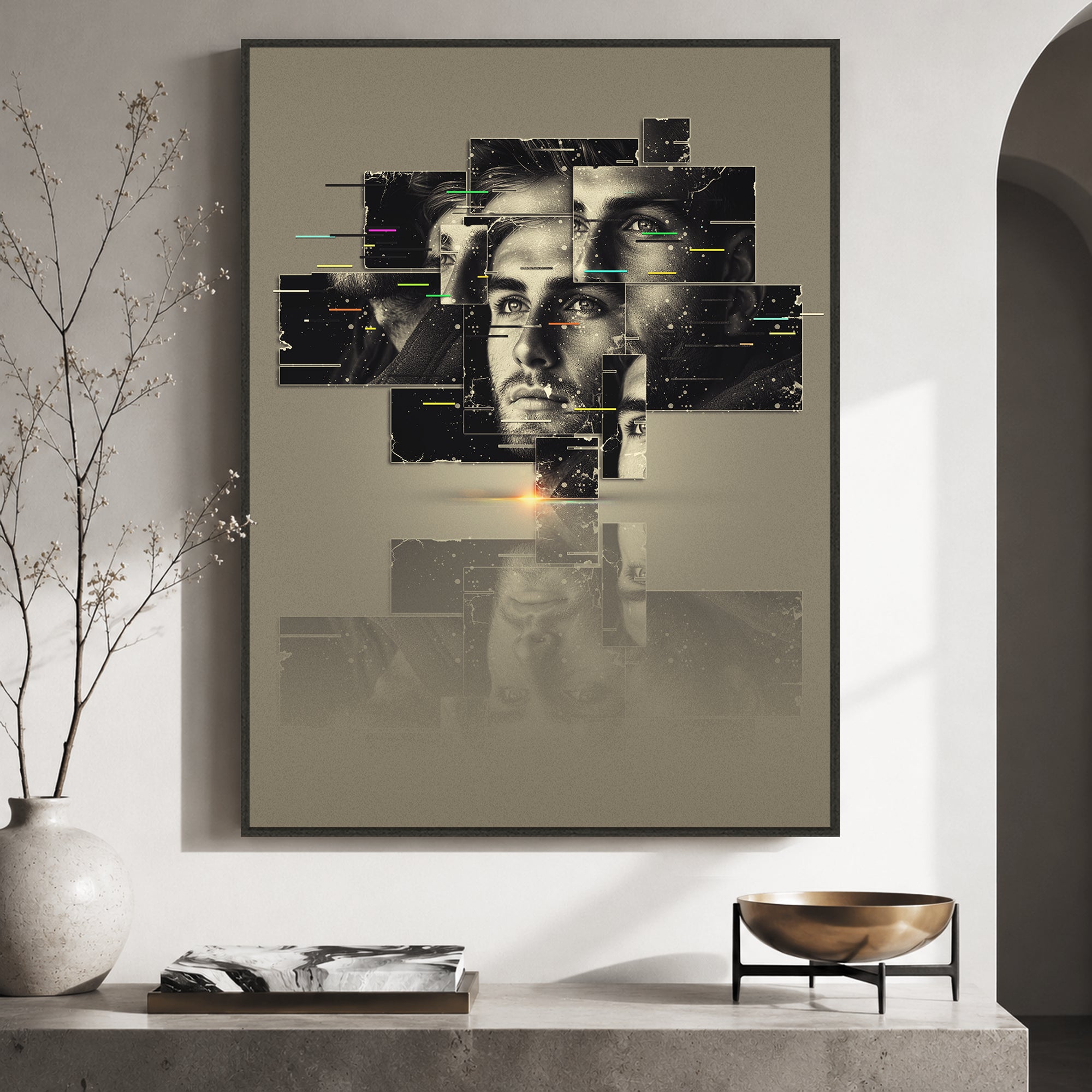 Custom Dislocation Art displayed as framed modern wall decor in a neutral interior space.