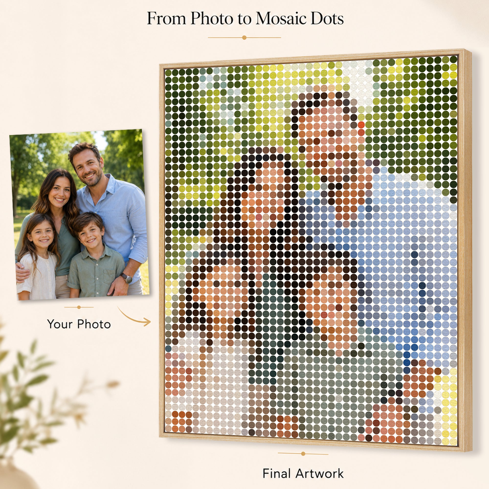 Before and after of a personal photo turned into Mosaic Dots wall art