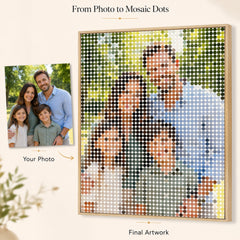 Before and after of a personal photo turned into Mosaic Dots wall art