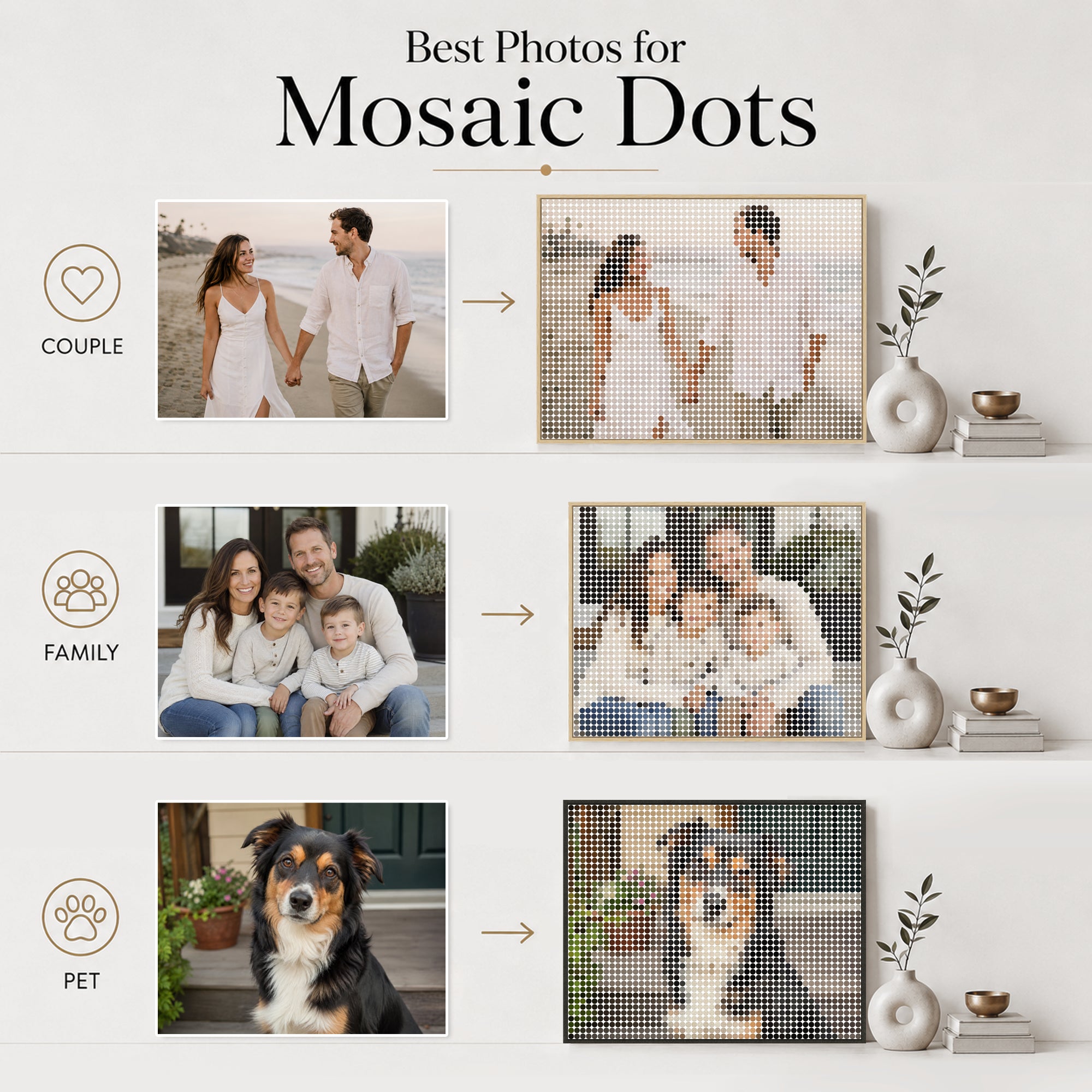 Examples of couple, family, and pet photos suitable for custom Mosaic Dots wall art.