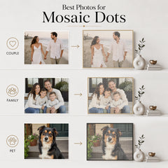 Examples of couple, family, and pet photos suitable for custom Mosaic Dots wall art.
