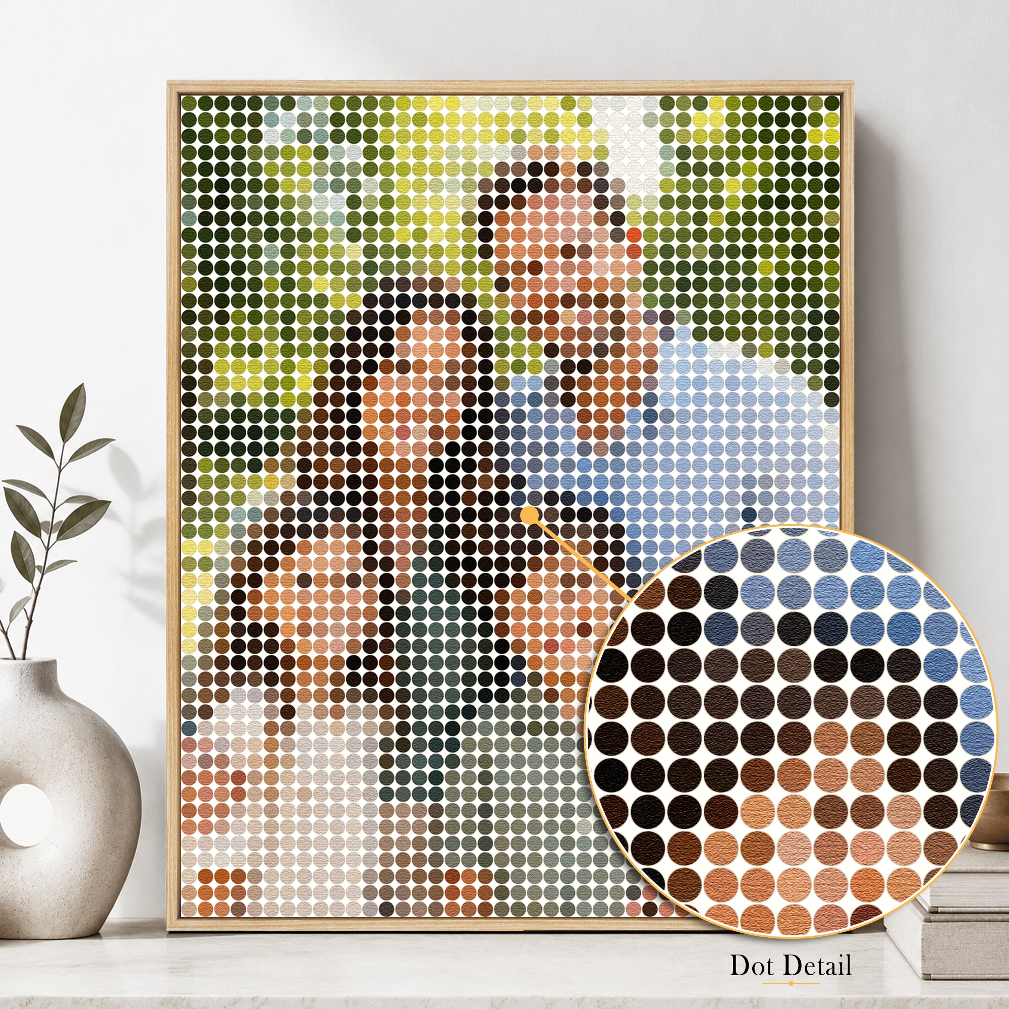 Close-up of Mosaic Dots wall art showing circular color patterns and textured canvas detail.