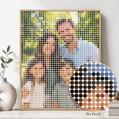 Close-up of Mosaic Dots wall art showing circular color patterns and textured canvas detail.