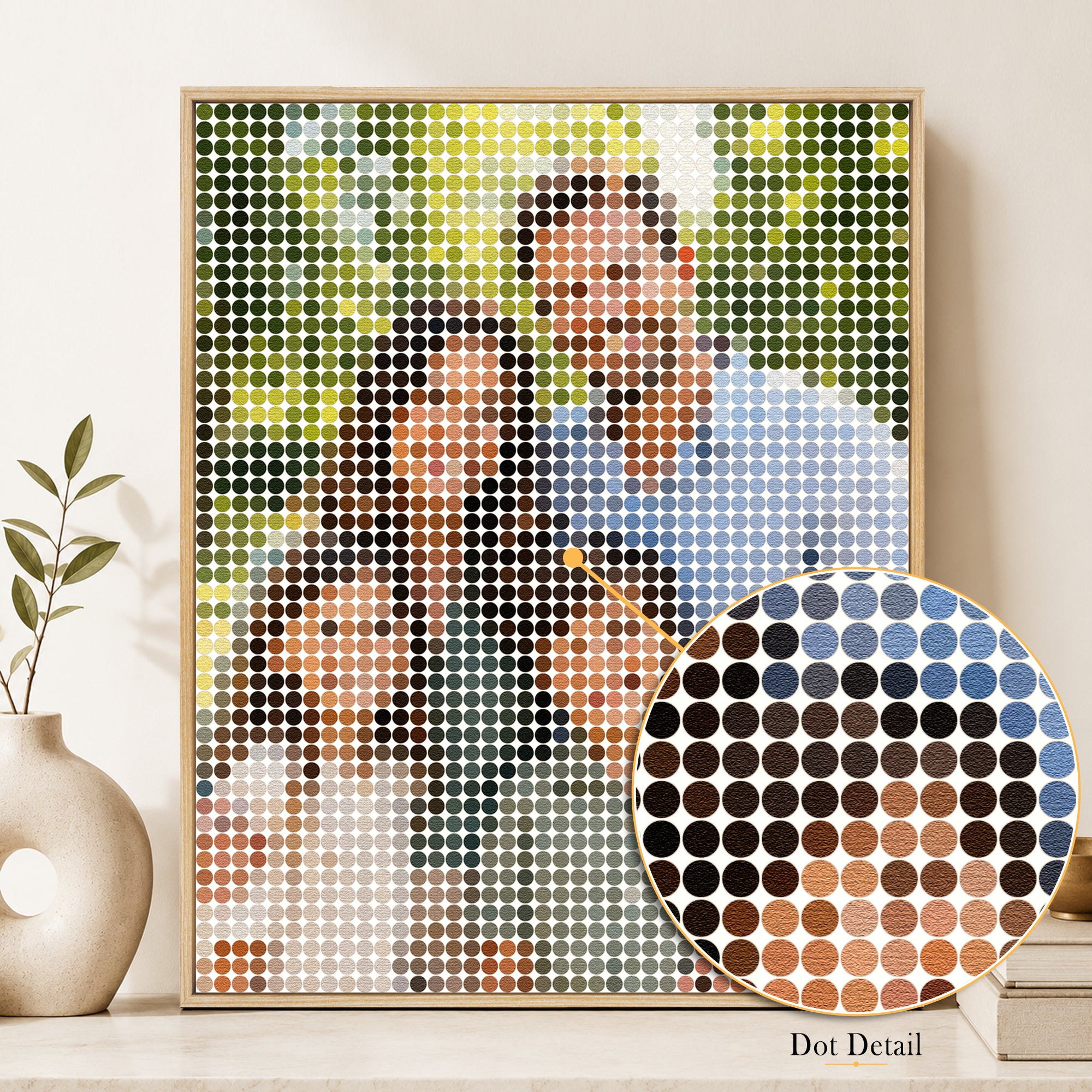 Close-up detail of Mosaic Dots custom photo art showing dot texture