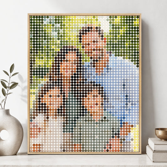 Personalized Mosaic Dots wall art created from a family photo and displayed in a natural wood frame.