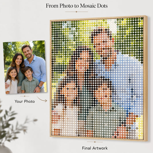 Family photo shown beside the finished Mosaic Dots wall art to illustrate the custom transformation.