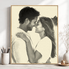 Personalized pencil-style portrait of a couple displayed as framed custom wall art.
