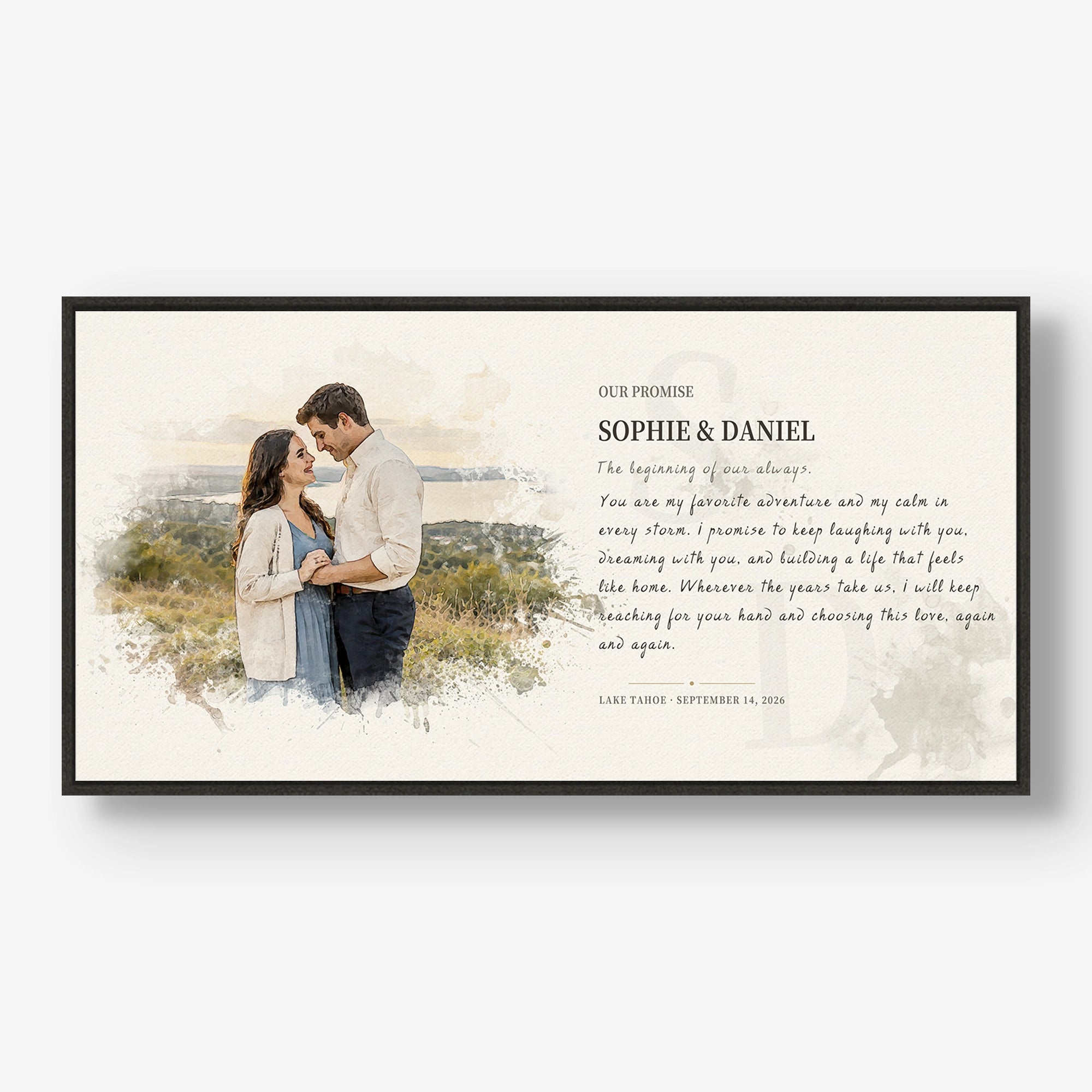 Personalized couple photo and promise text designed as watercolor-style wall art in a black walnut frame.