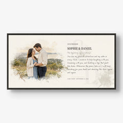 Personalized couple photo and promise text designed as watercolor-style wall art in a black walnut frame.