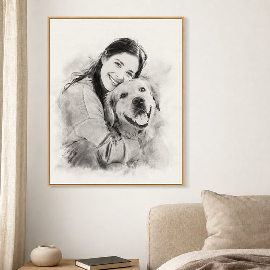 Custom canvas portrait of a woman and her dog in a natural wood frame, displayed in a neutral living room.