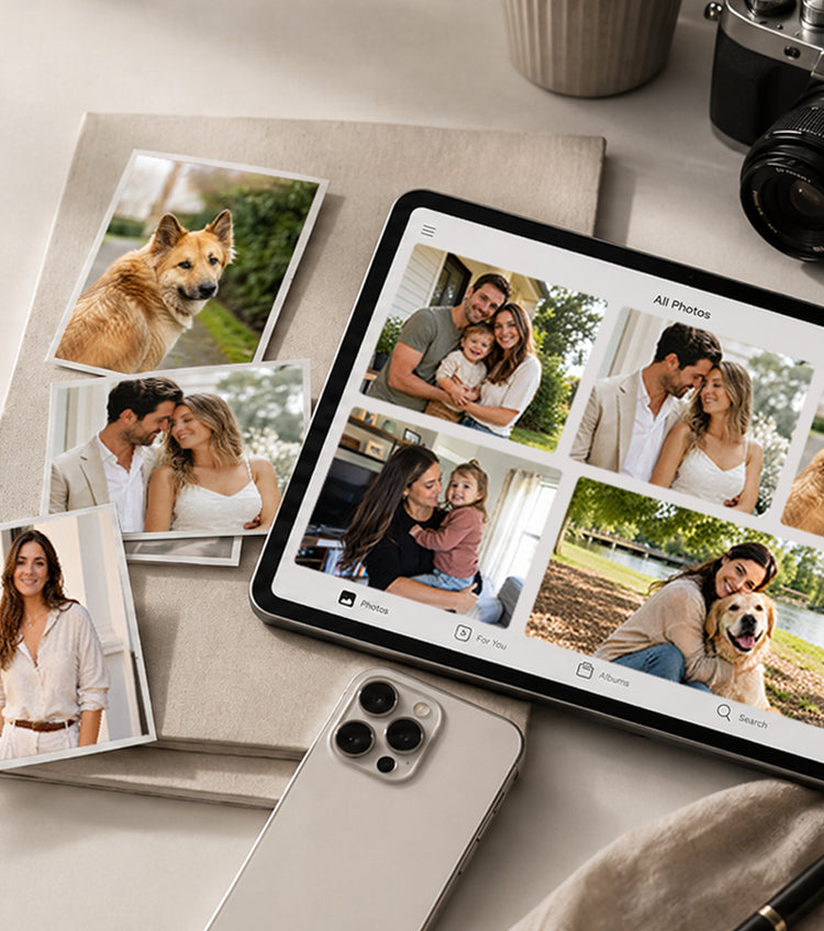 Mobile photo guide banner showing customer photos selected on a tablet for custom photo wall art
