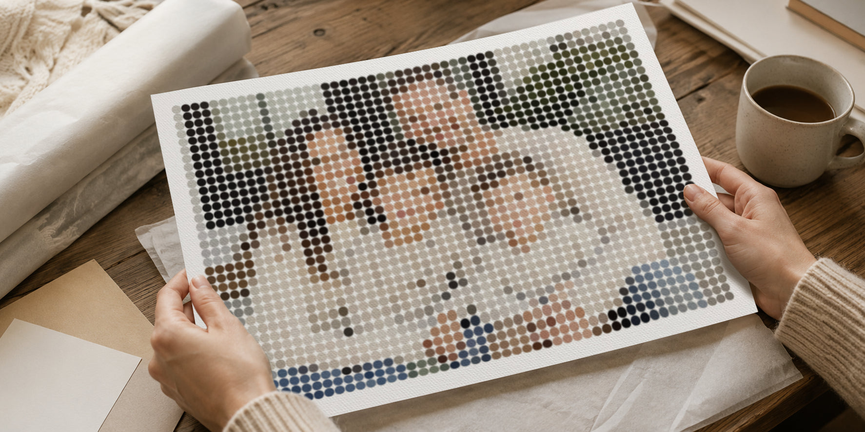 Customer reviewing a printed artwork preview process for custom wall art