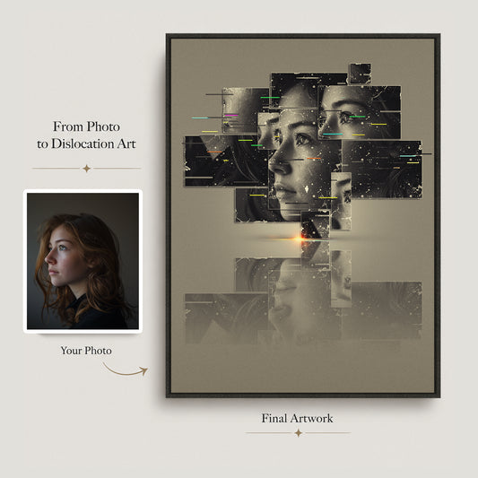 Original portrait photo shown beside the finished custom dislocation art transformation.