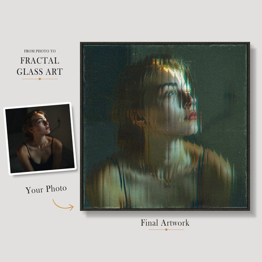 Original portrait photo shown beside the finished Fractal Glass Art transformation.