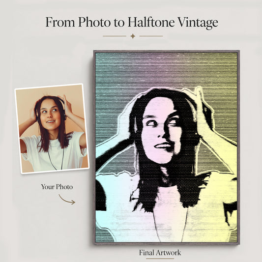 Original photo shown beside the finished halftone vintage artwork in a retro dot-art style.