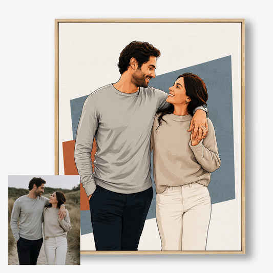 Original couple photo and vertical custom modern graphic portrait shown in a before-and-after comparison