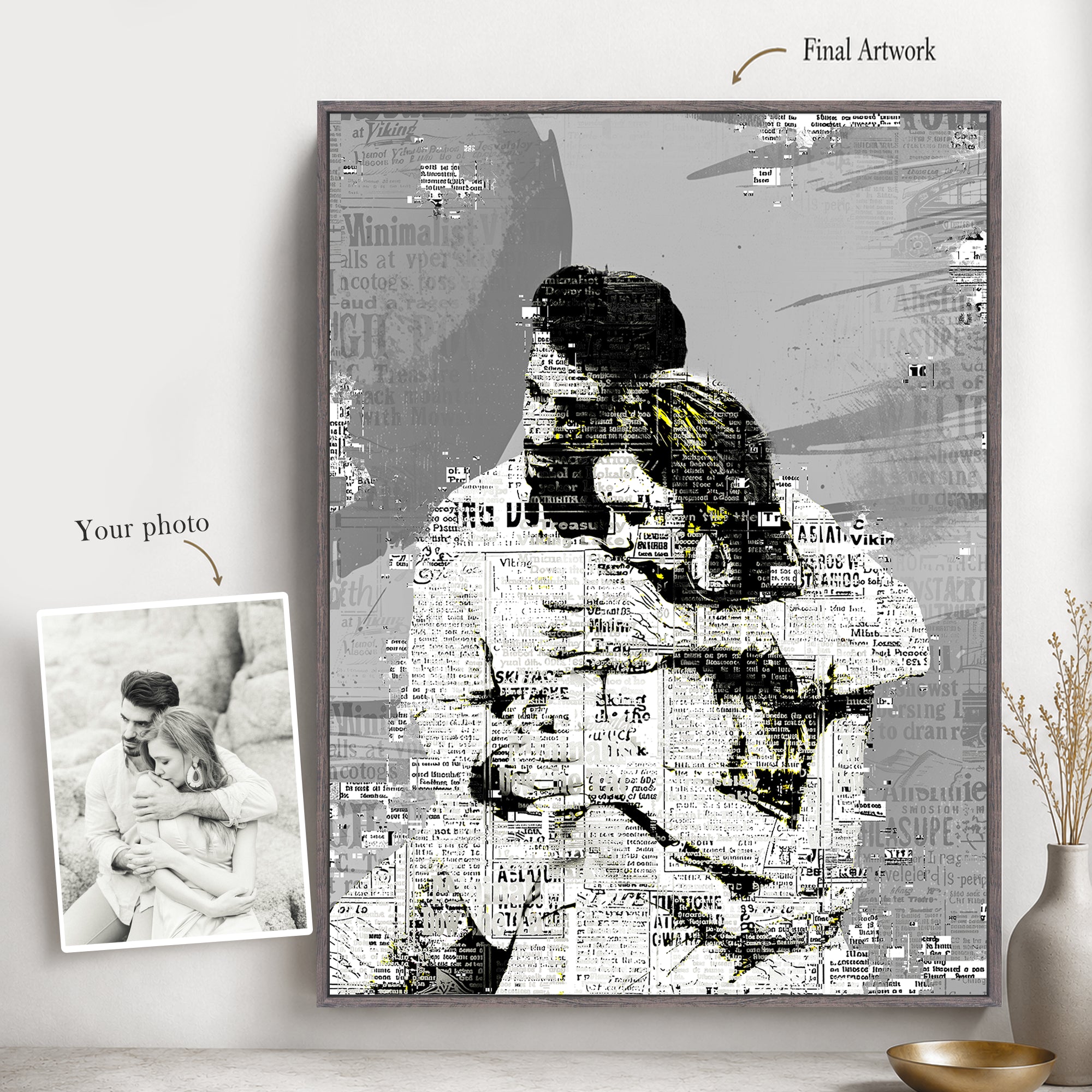 Original couple photo shown beside the finished custom newspaper-style art transformation.
