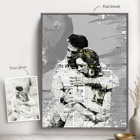 Original couple photo shown beside the finished custom newspaper-style art transformation.