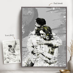 Original couple photo shown beside the finished custom newspaper-style art transformation.