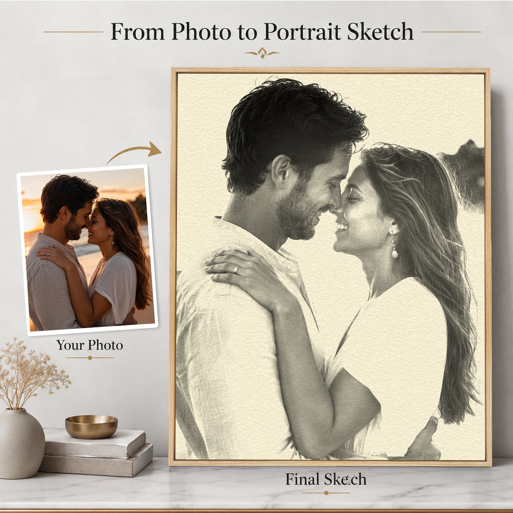 Original couple photo shown beside the finished pencil-style portrait sketch transformation.